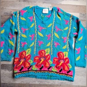 Handknitted Internationale Vintage 80s Sweater Women's Medium Teal Pink Floral